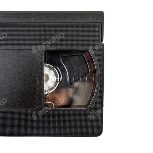 Preview: video cassette isolated on white background, copy space, top view, Retro