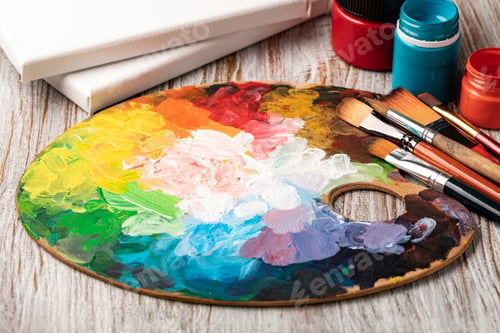 Preview: art palette with colorful mixed paints