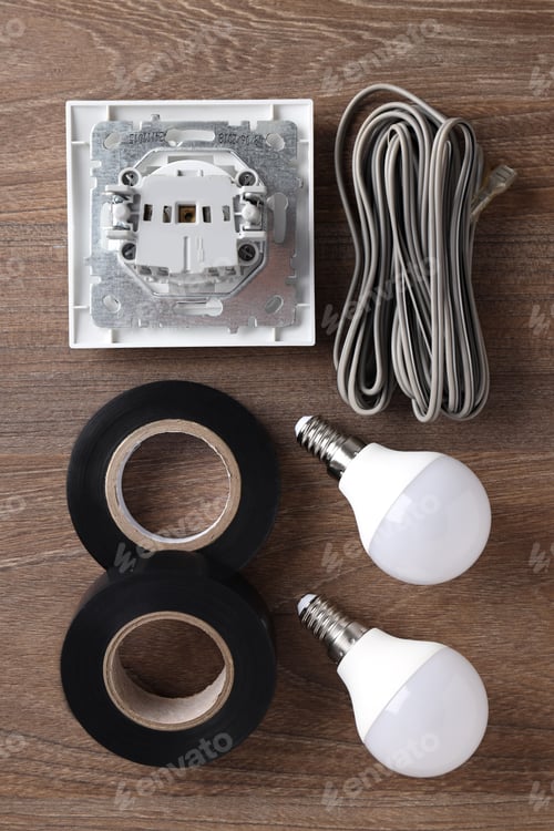 Preview: Concept of electrician or electrical tools, top view