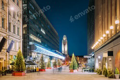 Preview: Helsinki, Finland. Night View Of Keskuskatu Street In Evening Christmas New Year Xmas Festive
