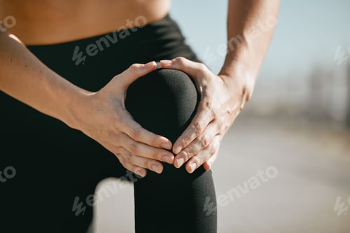 Preview: Injury, pain and hand holding knee while running, exercise accident and leg problem while training.