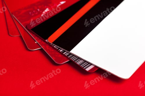 Preview: Different types of credit cards placed on a red surface in a flat arrangement