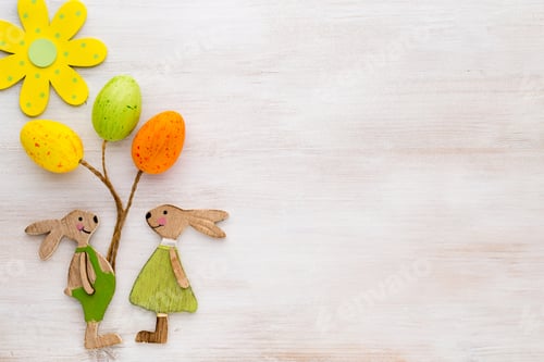 Preview: Spring and Easter decor. Wooden symbols bunny, flowers and butterflies.