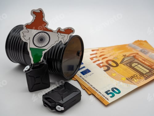 Preview: Closeup of Euro banknotes near oil tanks and Indian flag