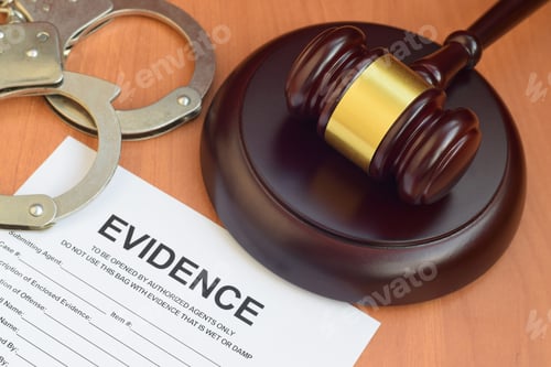 Preview: Justice mallet and evidence report blank document for crime scene investigation with police