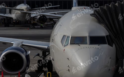 Preview: Airplane next to airport terminal loading up with holiday travelers