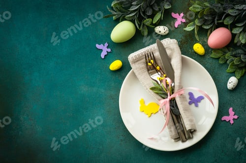 Preview: Easter table setting, Easter food background.