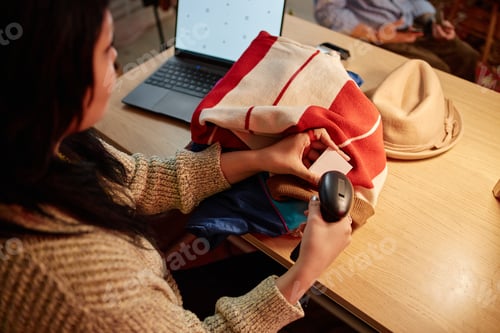 Preview: Young Adult Asian Woman Scanning Price Tag on Second Hand Clothing Indoors