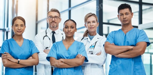 Preview: Doctors, nurses or arms crossed in hospital for healthcare, wellness vision or collaboration trust.