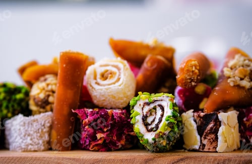 Preview: Tasty traditional Turkish delight, dessert Oriental sweets lokum, muska pestili on wooden board.