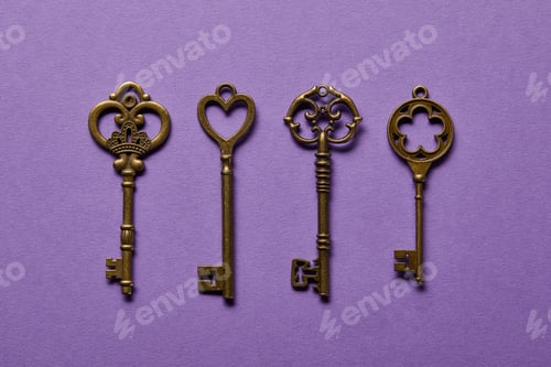 Preview: flat lay with vintage keys on violet background