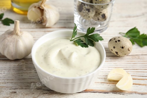 Preview: Composition with bowl of garlic sauce on wooden table