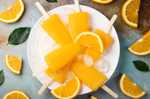 Preview: Orange popsicles with juice on a rusty blue bacground. Ice pops, flat lay, top view