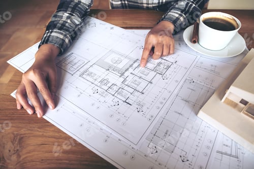 Preview: An architect working on an architecture model with shop drawing paper and coffee cup on table