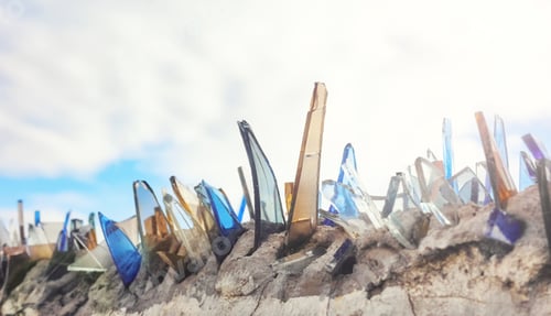 Preview: Close up picture of shards of glass on a wall, used to secure private property, selective focus.