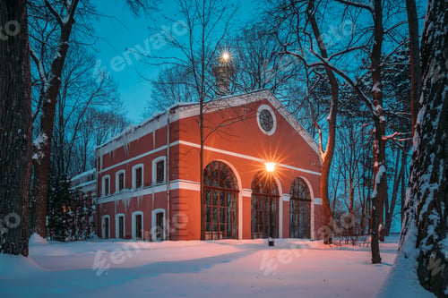 Preview: Gomel, Belarus. City Park In Winter Night. Winter Garden In The Gomel Park, Belarus. Building Built