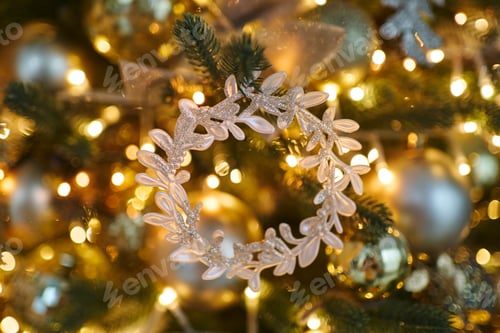 Preview: close-up of a New Year's toy golden wreath and golden balls. beautiful New Year tree with golden