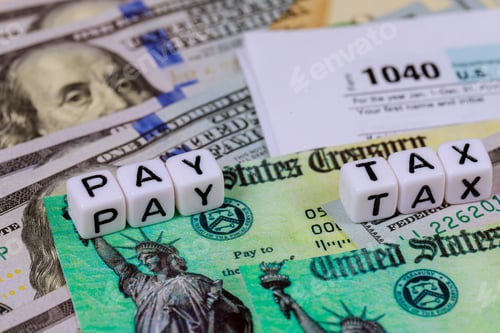 Preview: American tax 1040 form and refund check and USA currency hundred dollar bills Pay Tax