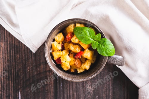 Preview: Close up of bread pudding with egg, pepper and basil in a cup on the table top view