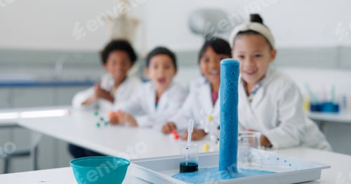 Preview: Science, experiment and chemical reaction with kids in a classroom at school for education or devel
