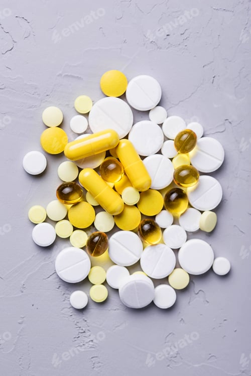 Preview: Different pills, tablets and capsules. Assorted of medicines