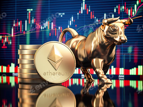 Preview: Ethereum coin with bull and stock chart. Bullish market of ETH.