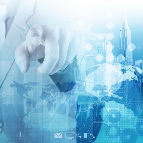 Preview: Double Exposure Of Businessman Hand Working With New Modern Computer And Business Strategy As