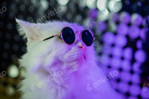 Preview: Luxurious domestic kitty in glasses poses on purple background.Portrait of white furry cat in fashio