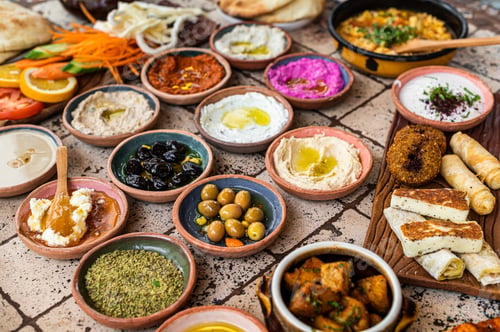 Preview: Turkish Village breakfast table served in a restaurant. Top view