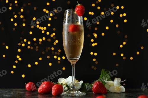 Preview: Concept of delicious drink with Rossini cocktail against dark background with blurred lights
