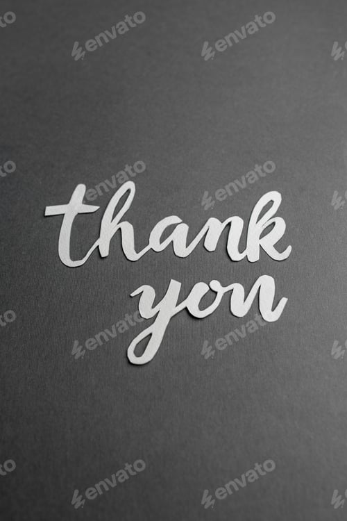 Preview: Thank You Paper Cutout on Dark Grey Background. Vertical. Copy space