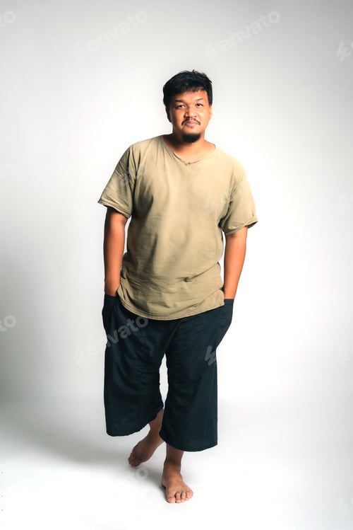 Preview: Portrait of an Asian Thai man with casual clothes standing barefoot on white background