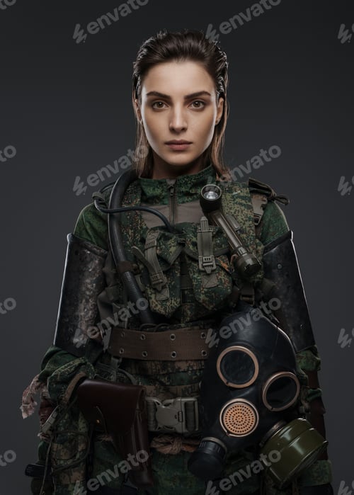 Preview: Portrait of a woman in military attire against a gray background