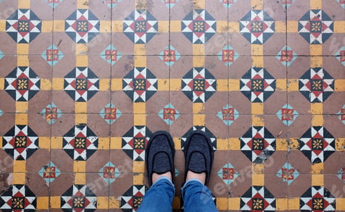 Preview: Selfie of sneakers shoes on vintage seamless floor background