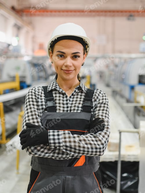 Preview: Confident female factory worker posing with crossed arms in manufacturing plant