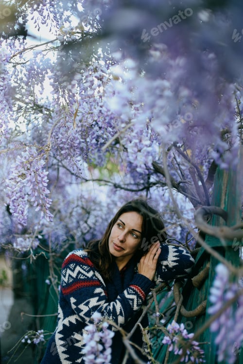 Preview: young beautiful woman near the old fence in wisteria