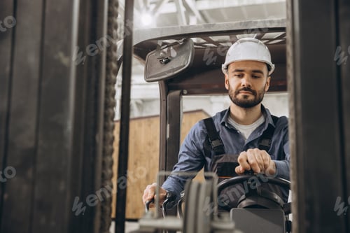Preview: Warehouse worker driving forklift in modular building factory