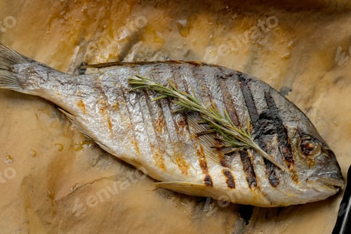 Grilled Fish with Rosemary Sprig on Paper