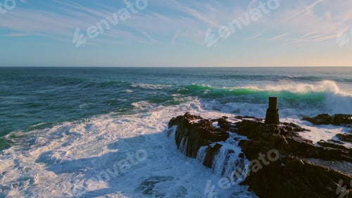 Preview: Stormy ocean covering pier at summer nature drone view. Sea waves crashing dock