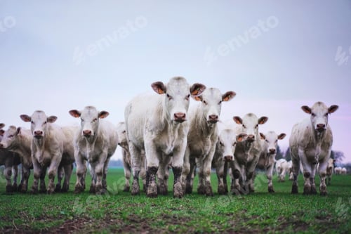 Herd of Cows in a Green Grassy Field