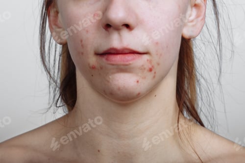 Preview: Young women with problematic skin and pimples on her face.