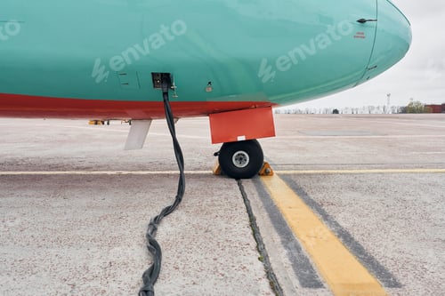 Preview: Retro style. Turboprop aircraft parked on the runway at daytime