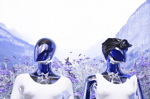 Unreal futuristic cyber virtual world with two robot cyborgs walking in nature