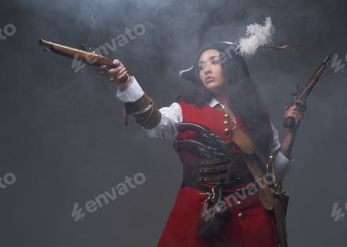 Preview: Caribbean woman buccaneer posing with guns in fog
