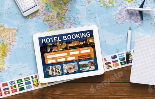 Preview: Tablet With Hotel Booking Application Lying On Desk, Collage, Above-View