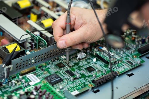 Preview: An electrician measures the voltage while repairing an LSD TV in a service center.