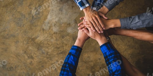 Preview: Group of Diverse Hands Together Joining Concept, Successful team. Top view of business people holdin