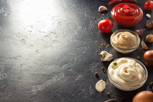 Preview: tomato sauce, mayonnaise and mustard in bowl