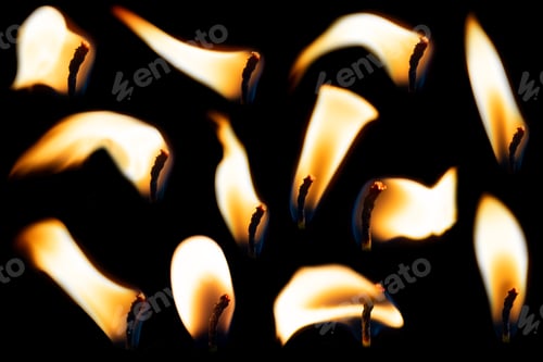 Preview: A set of candle flames on a black background, a collection of twelve images. Collection of fire