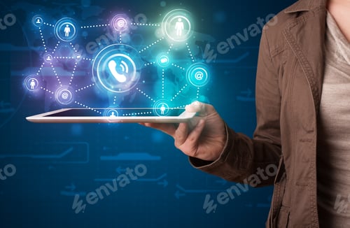 Preview: Young Lady Showing Social Networking Technology With Colorful Lights